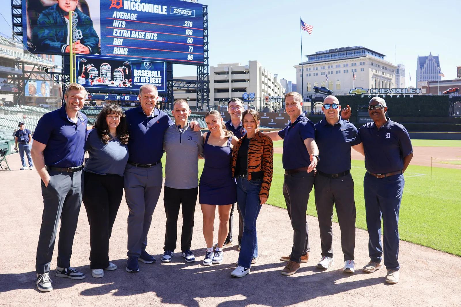 Greg Gania with the Detroit Tigers broadcast team on the field at Comerica Park