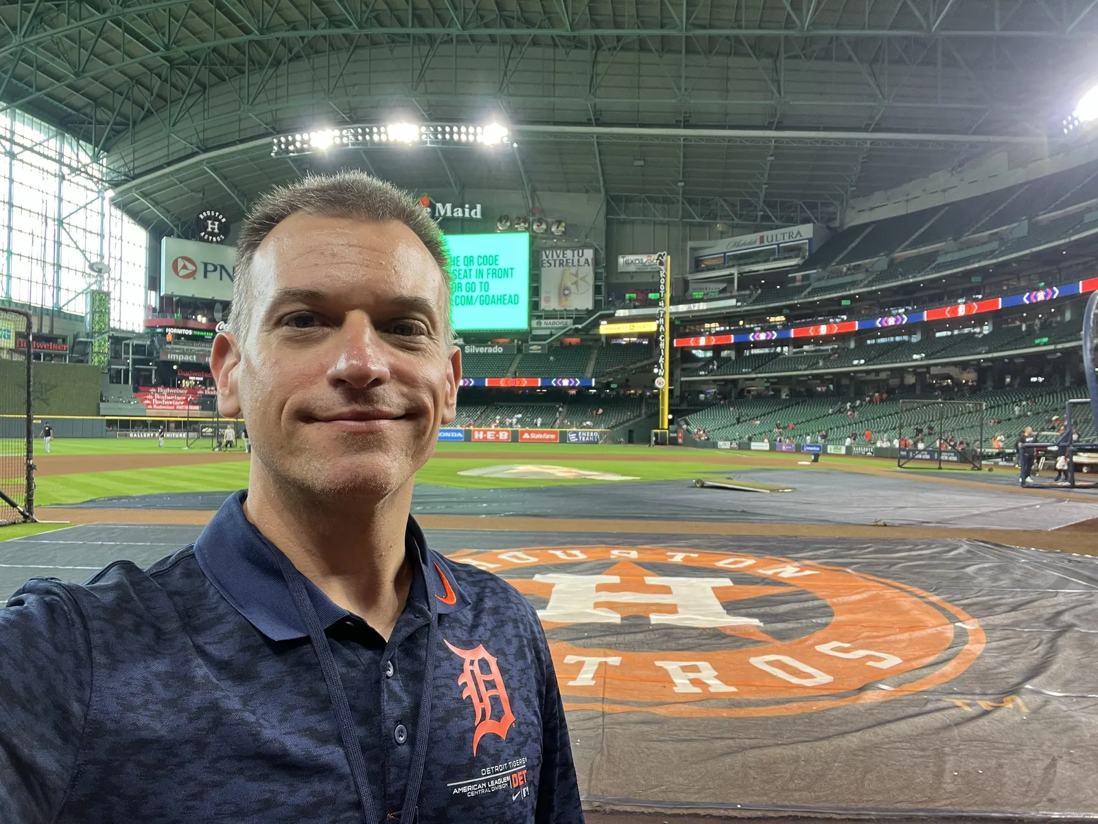 Greg Gania on the field before a Tigers game in Houston