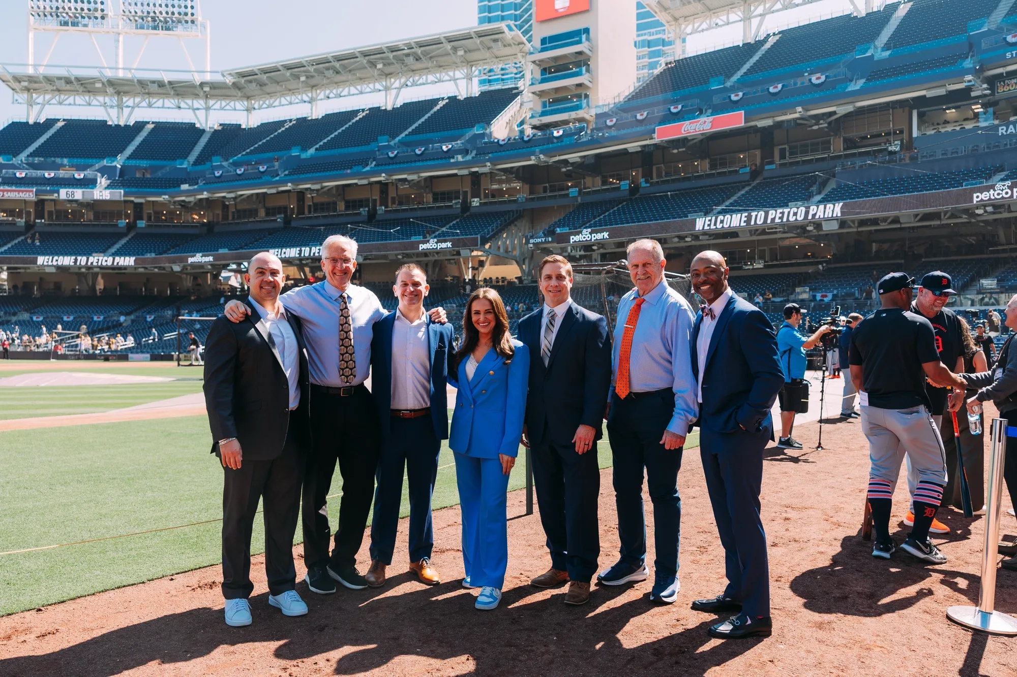 Greg Gania with the Detroit Tigers broadcast team on the field at Petco Park