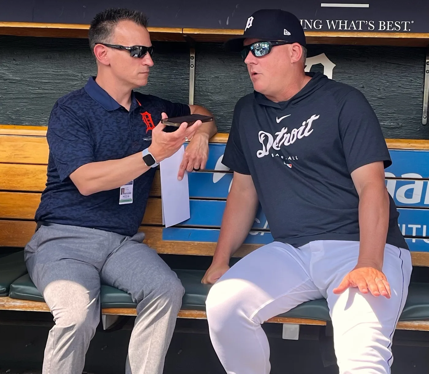 Greg Gania recording a pregame interview in the Tigers dugout